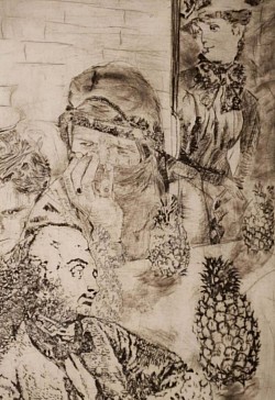 Etching scenes from a Mad hatters Tea Party